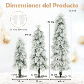Conjunto de 3 árvores de Natal artificiais de 90 cm, 120 cm e 150 cm pré-iluminadas com pontas nevadas 30, 50 e 70 luzes verdes