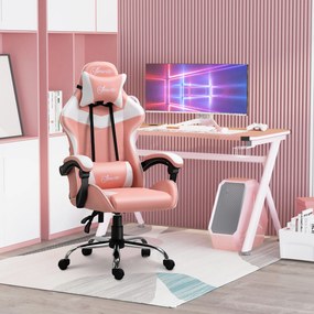 Vinsetto Cadeira Gaming Ergonômica Cadeira para Videojogos Reclinável com Altura Ajustável Apoio para a Cabeça e Almofada Lombar 63x67x122-130cm Rosa e Branco