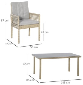 Conjunto de Móveis de Jantar para Jardim 7 Peças 1 Mesa de Vidro e 6 cadeiras de Vime com Encosto Respirável e Almofadas Acolchoadas para Terraço Exte