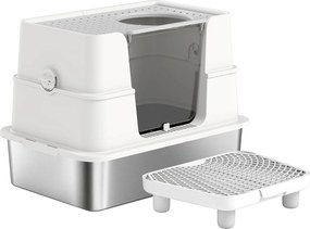 Caixa de areia XL em aço inoxidável para gatos de grande porte, tampa giratória a 100°, pá, 60,2 x 40,2 x 44,5 cm, cinzento claro