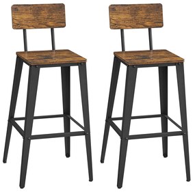 Conjunto de 2 bancos de bar VASAGLE LBC078B01, cadeiras de cozinha com encosto, estrutura de aço, fácil montagem, design industrial, marrom/preto vintage