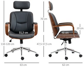 Vinsetto Cadeira de Escritório Operativa de Couro PU com Apoio para a Cabeça Amovível Altura Ajustável 63x62x110-120cm Preto e Madeira