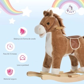 Cavalo Baloiço para Crianças Cavalo Baloiço de Pelúcia Suave com Música Relinchos Sons de Galope Boca e Cauda Móveis 65x32,5x61 cm Castanho