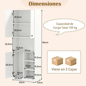 Armário alto de cozinha para despensa 60 x 33 x 166 cm com suporte para micro-ondas com portas Branco