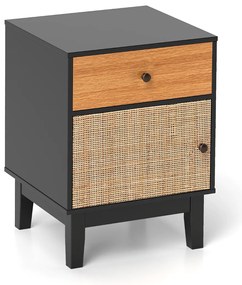 Mesa de cabeceira, Mesa de apoio de rattan moderna 40 x 39 x 55 cm com gaveta estilo Boho com pernas de madeira maciça Preto e Castanho
