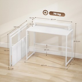 Secretária de Computador Dobrável, 100 x 48 x 87,5 cm, Suporte de Ecrã Amovível, Branca
