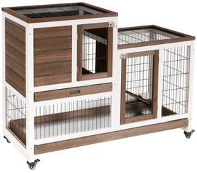 Coelheira de Madeira Interior com Rodas Gaiola para Coelhos Animais Pequenos de 2 Pisos com Área Aberta Rampa e 2 Bandejas Removíveis 110x50x86cm Marr