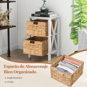 Mesa de cabeceira de 3 níveis com 2 cestos de ervas marinhas X Design Pernas de madeira de acácia para sala de estar Branco