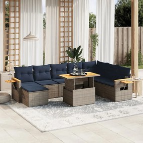 vidaXL 9 pcs conjunto sofás p/ jardim c/ almofadões vime PE cinzento