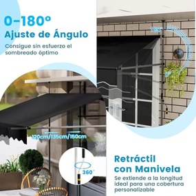 Toldo retrátil manual 2,5 m x 3 m Toldo exterior com altura ajustável Manivela e sem perfuração para janela Porta Terraço Preto
