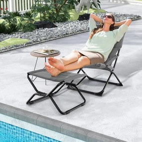 Cadeira de jardim dobrável com pufe portátil para exterior com apoio para os pés e almofada amovível reclinável Cinzento