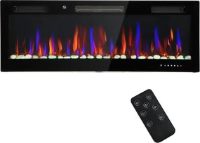 Lareira Elétrica Ultrafina de Parede e Embutir com Chama 3D Brilho/Velocidade Ajustável 12 Cores Pedras 900/1800W 127x9,4x47 cm Preto