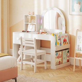 Conjunto de Toucador Infantil e Cadeira, 86 x 39,5 x 92 cm, Espelho com Luzes Coloridas, Branco