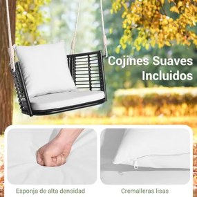 Baloiço jardim de metal para 1 pessoa com encosto em rattan tecido 2 cordas suspensas Almofadas de assento branco