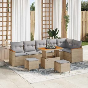Conjunto de Sofá de Jardim de 9 Peças com Almofadas Bege em Rattan Poliéster e Acácia
