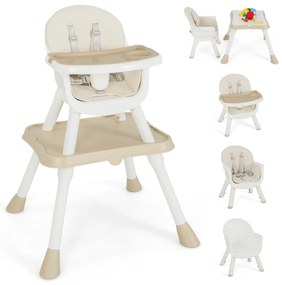 Cadeira refeição alta para bebés 6 em 1, assento elevatório de alimentação conversível com bandeja dupla, almofada pu, 67 x 62 x 91 cm, bege