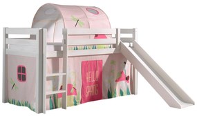Conjunto Cama alta de Criança PINO 90 x 200 cm + estrado + escada + escorrega + cortina + túnel Primavera branca