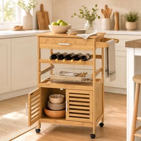 Carrinho de Cozinha com Rodas, 69 x 37 x 89 cm, Suporte para Garrafas de Vinho, Natural