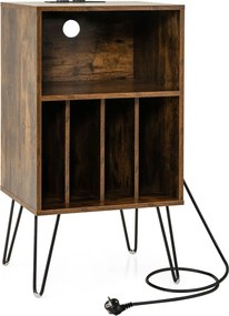 Suporte para discos de 3 níveis Mesa de armazenamento de discos com estação de carregamento Estante 4 divisórias 48 x 40 x 88 cm Castanho rústico