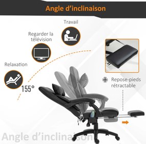 Cadeira de escritório executiva com função de massagem, apoio para os pés e apoio para a nuca integrados, encosto reclinável e altura ajustável, 68 x