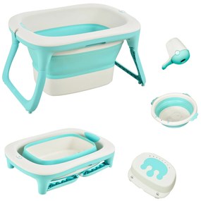 HOMCOM Banheira dobrável e portátil para bebê com recipiente para xampu bacia e banco conjunto de 4 peças de banho81,5x60x46,5 cm Verde