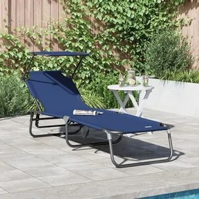 Espreguiçadeira Dobrável com Toldo Azul de Tecido Oxford 600D