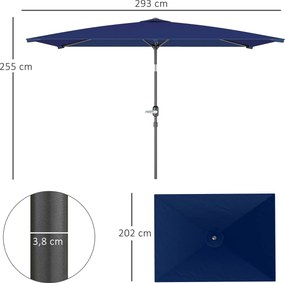 Chapéu de Sol de Alumínio 198x294x255 cm Chapéu  Retangular de Jardim Inclinável com Manivela e Mastro Desmontável Azul-Marinho