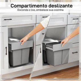 Balde de Lixo Embutido com 3 Recipientes Removíveis Capacidade Total 31L (15L+8Lx2) 48x34,3x35,1 cm Cinzento Claro