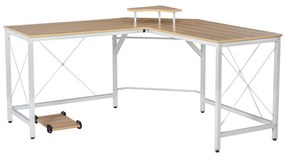 HOMCOM Secretária em forma de L Mesa com suporte para monitor Prateleira independente para torre 150x150x76 cm Cor Madeira e Branco | Aosom Portugal