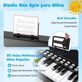Piano de brincar com 25 teclas para crianças 38 x 24 x 29 cm, com suporte e modo de aprendizagem, velocidade e volume ajustáveis, design em madeira pr