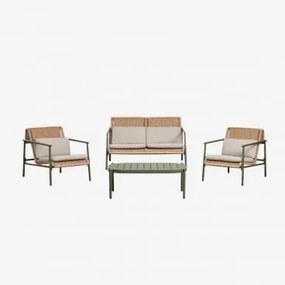Conjunto De Jardim Com Sofá De 2 Lugares, 2 Poltronas E Mesa De Centro Em Alumínio E Rattan Sintético Duroli Verde Azeitona Intenso - Sklum