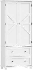 Armário alto de cozinha, armário de cozinha com 2 portas, 2 gavetas, 6 suportes para prateleiras, prateleiras ajustáveis, 80 x 39,5 x 184,5 cm, branco
