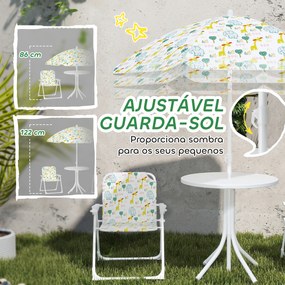 Conjunto Infantil de Mesa e Cadeiras de Jardim 4 Peças Cadeiras Dobráveis Chapéu de Sol Ajustável Design de Elefantes Branco