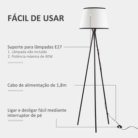 Candeeiro de Pé para Sala de Estar com Tripé de Metal Ecrã de Tecido Suporte para Lâmpada E27 Máx. 40W e Interruptor de Pé Desenho Moderno para Dormit