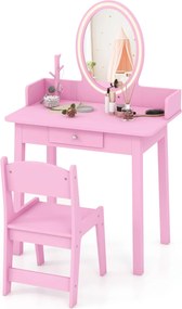 Conjunto de Toucador de Maquilhagem para Raparigas com Banco e Espelho Iluminado 2 Cores Iluminação LED Organizador de Jóias e Gaveta Rosa