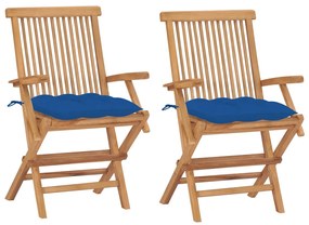 vidaXL Cadeiras de jardim c/ almofadões azuis 2 pcs teca maciça