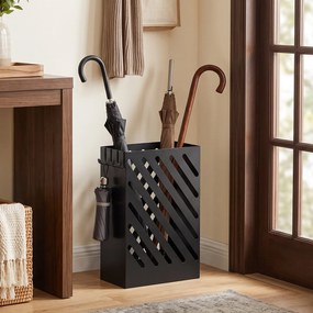 Suporte para Guarda-Chuvas em Aço Galvanizado, Estreito, com Tabuleiro Recolhe-Gotas Amovível, 4 Ganchos, 28x14x41 cm, Preto
