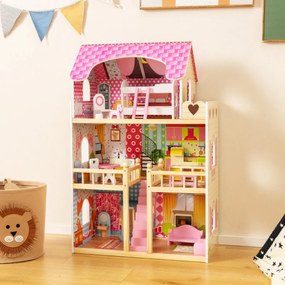 Casa de bonecas infantil de madeira com 3 passeios, 6 quartos simulados e 15 peças DIY Dream House para crianças de 3 anos ou mais rosa