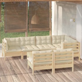 vidaXL 8 pcs conjunto lounge jardim c/ almofadões creme pinho maciço