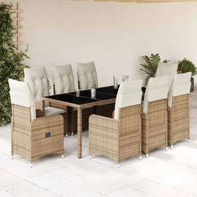 9 pcs conjunto de bistrô para jardim c/ almofadões vime PE bege