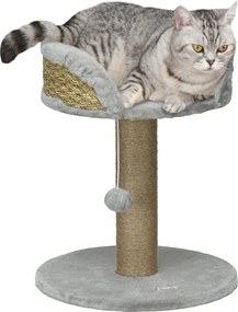 Arranhador para gatos 40 x 40 x 49 cm para trepar brinquedo com pompom suspenso + plataforma de pelúcia, juta cinzenta