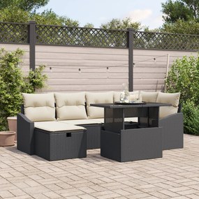 Conjunto de Sofá de Jardim de 7 Peças com Almofadas Preto Rattan Polic