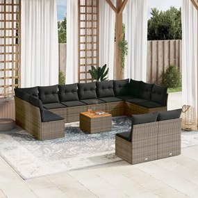 13 pcs conjunto sofás p/ jardim c/ almofadões vime PE cinzento