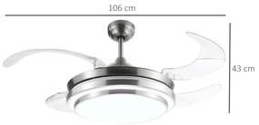HOMCOM Ventoinha de Teto 51W com Luz LED 30W Ajustável 3000/4000/6000K Controle Remoto 3 Velocidades Temporizador 4 Lâminas para Dormitório Sala de Estar Ø106x43 cm Prata