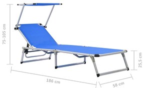 Espreguiçadeiras dobráveis c/ teto 2pcs alumínio/textilene azul