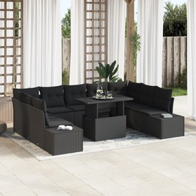 Conjunto de Sofás de Jardim com 10 Peças e Almofadas em Rattan Preto