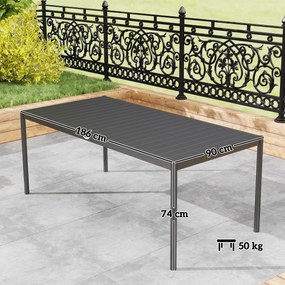 Mesa de jantar de jardim em aço 186 x 90 x 74 cm (CADEIRAS NÃO INCLUIDAS), mesa de jardim para 8 pessoas com tampo retangular em ripas, cinzento escur