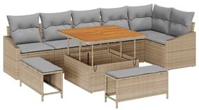 Conjunto de Sofá de Jardim vidaXL 9 Peças com Almofadas Bege Rattan Ac