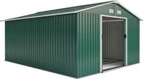 Outsunny Armário de Jardim Metálico 3,4x3,9x2 m Abrigo de Exterior para Armazenamento de Ferramentas Base Incluida 4 Janelas Verde | Aosom Portugal