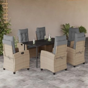 vidaXL 7 pcs conj. jantar jardim c/ almofadões vime PE bege misturado